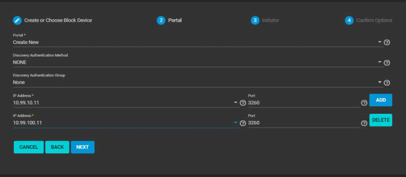 TrueNAS ISCSI Wizard Portal Page