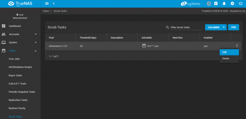 TrueNAS Scrub Tasks Page