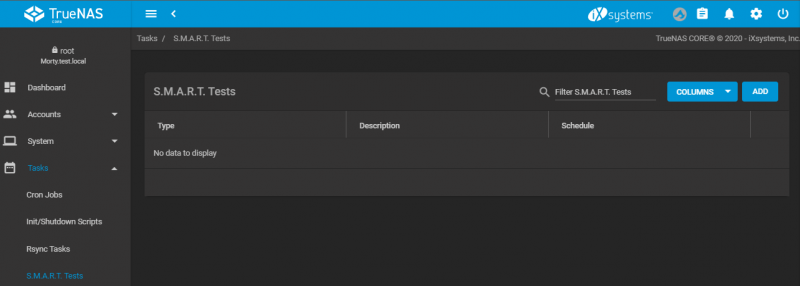 TrueNAS SMART Tests Tasks Page