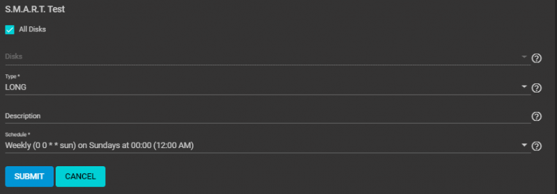 TrueNAS SMART Tests Tasks Configuration Page