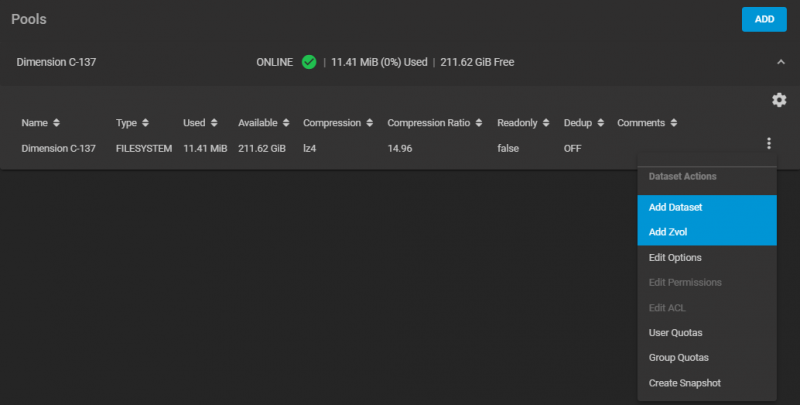 TrueNAS Add a Zvol Menu