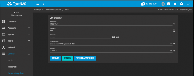 TrueNAS VMWare Snapshots Menu