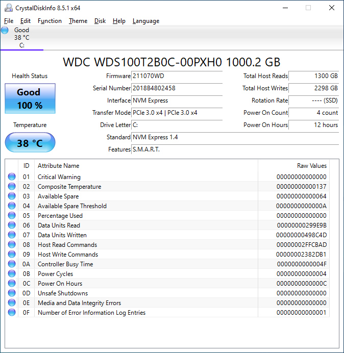 WD Blue SN550 1TB CrystalDiskInfo