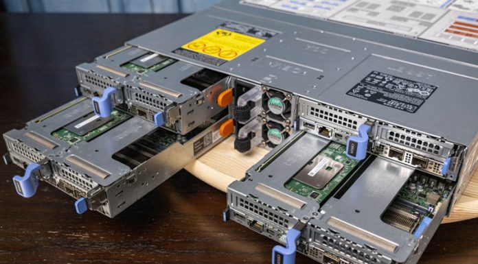 Dell EMC PowerEdge C6525 Review 2U4N AMD EPYC Kilo-thread Server Dell EMC PowerEdge C6525 Chassis Rear With Nodes Partially Out