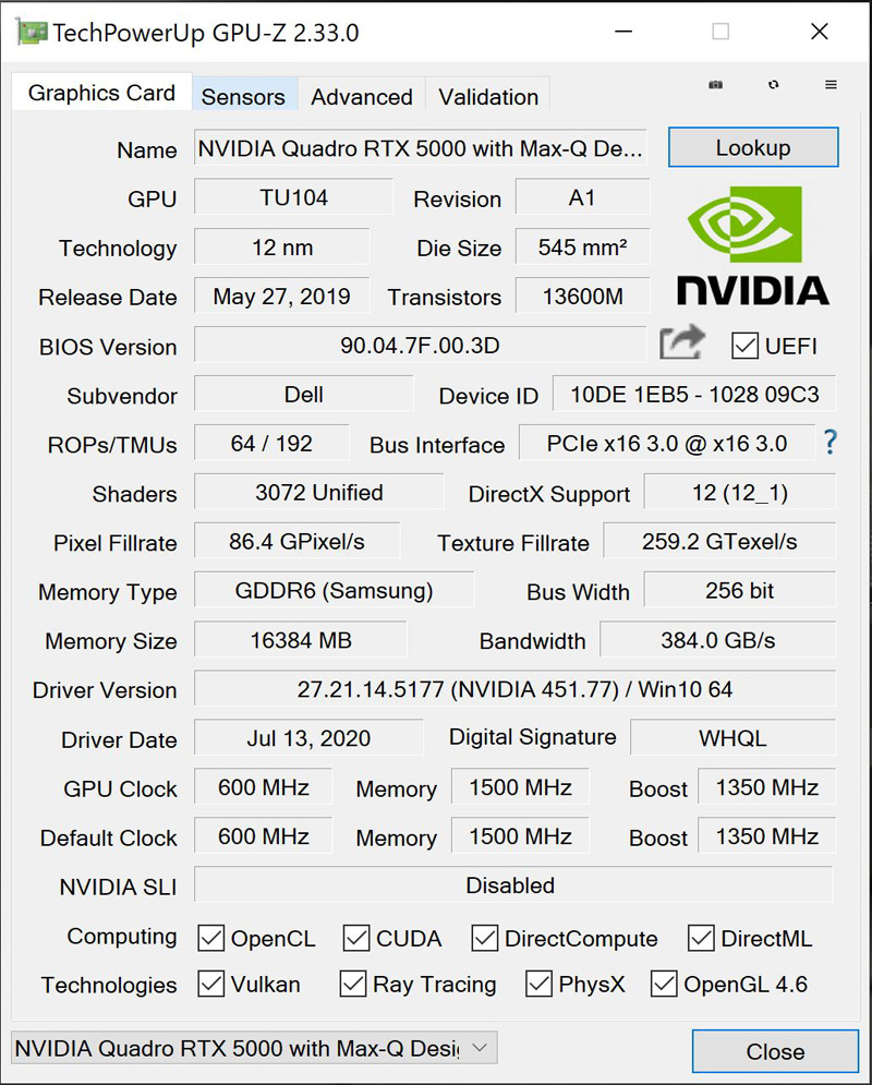 Dell Precision 7550 GPUz