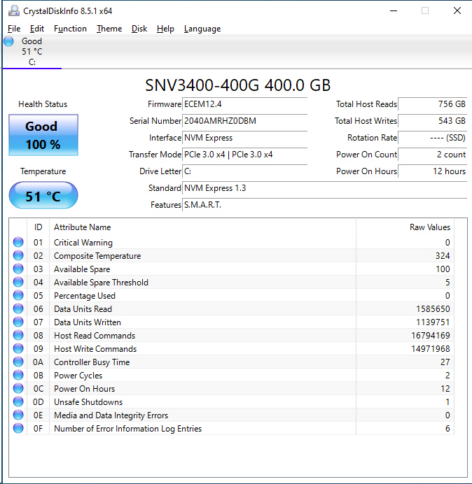 SNV3400 400 CrystalDiskInfo