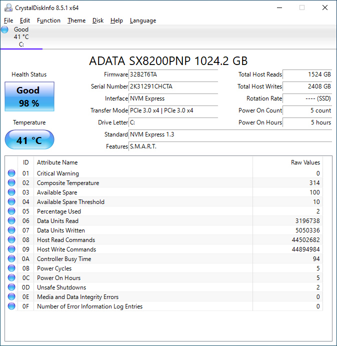 SX8200 Pro 1TB DiskInfo