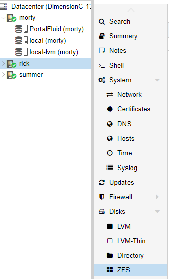 Proxmox Disks, ZFS Menu