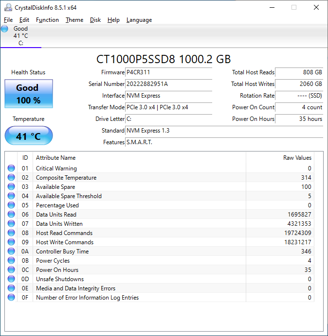 Crucial P5 1TB CrystalDiskInfo