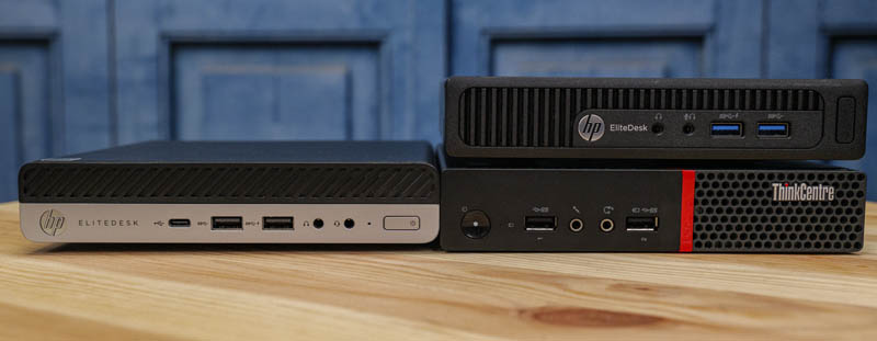 HP EliteDesk 705 G4 Mini Front With 705 G3 And Lenovo M715q Tiny