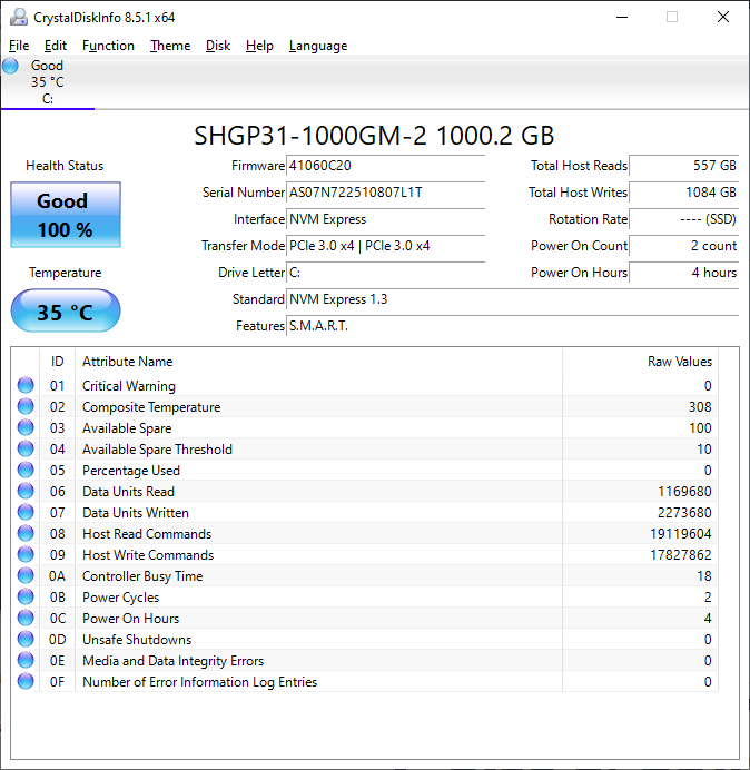 SK hynix Gold P31 1TB CrystalDiskInfo