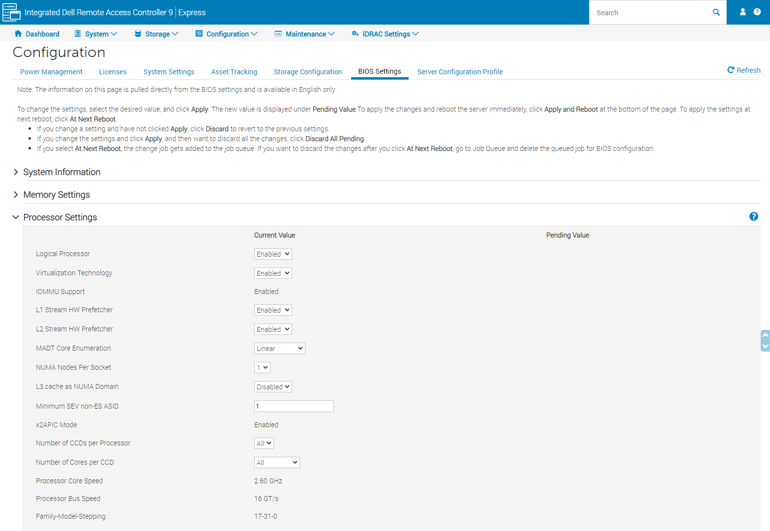 Dell EMC PowerEdge R7525 IDRAC BIOS Configuration Settings