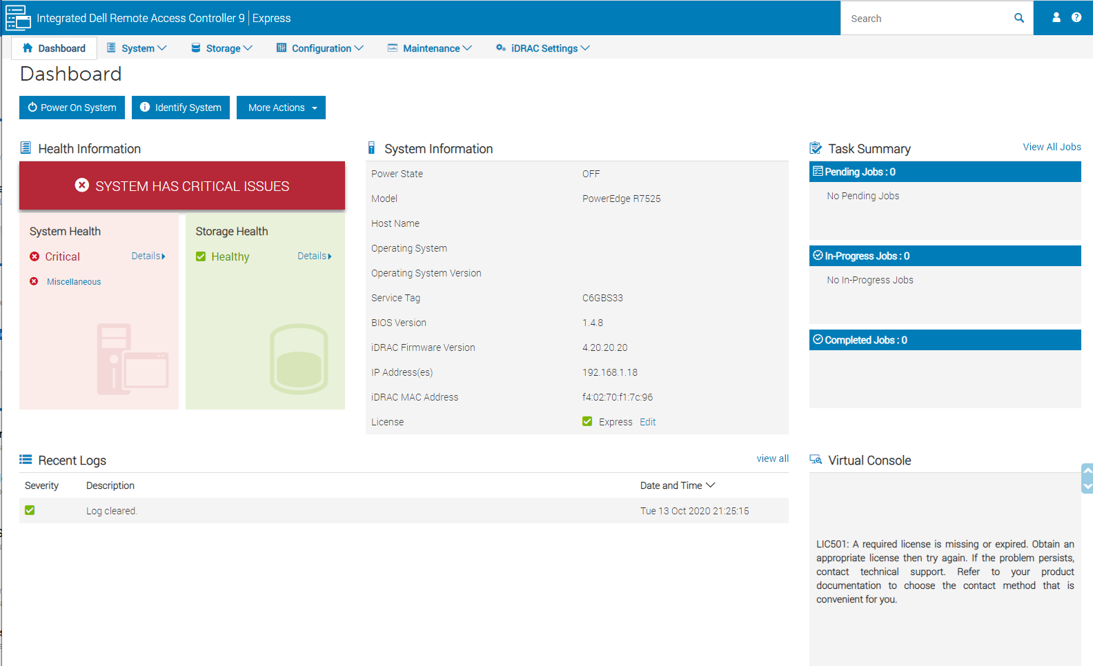 Dell EMC PowerEdge R7525 IDRAC Express Dashboard