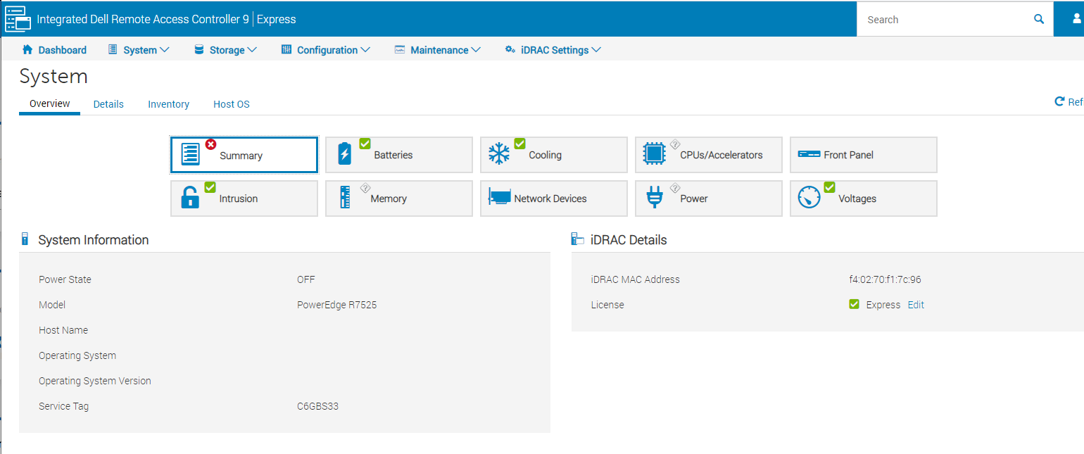 Dell EMC PowerEdge R7525 IDRAC Express System Dashboard