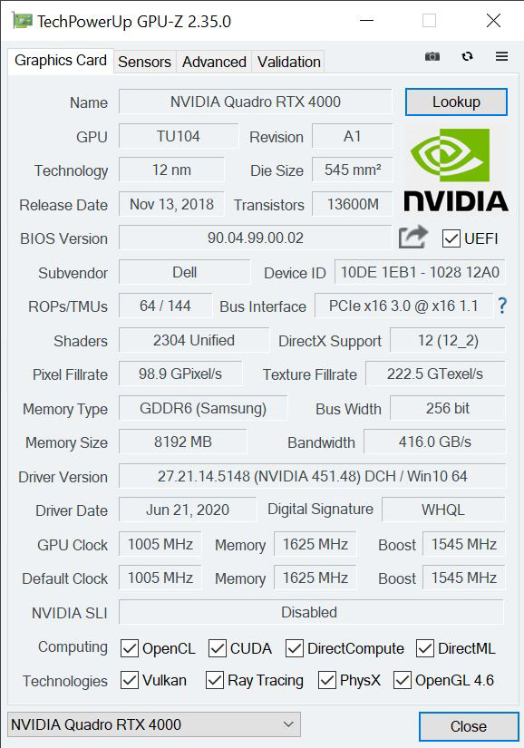 NVIDIA Quadro RTX 4000 GPUz