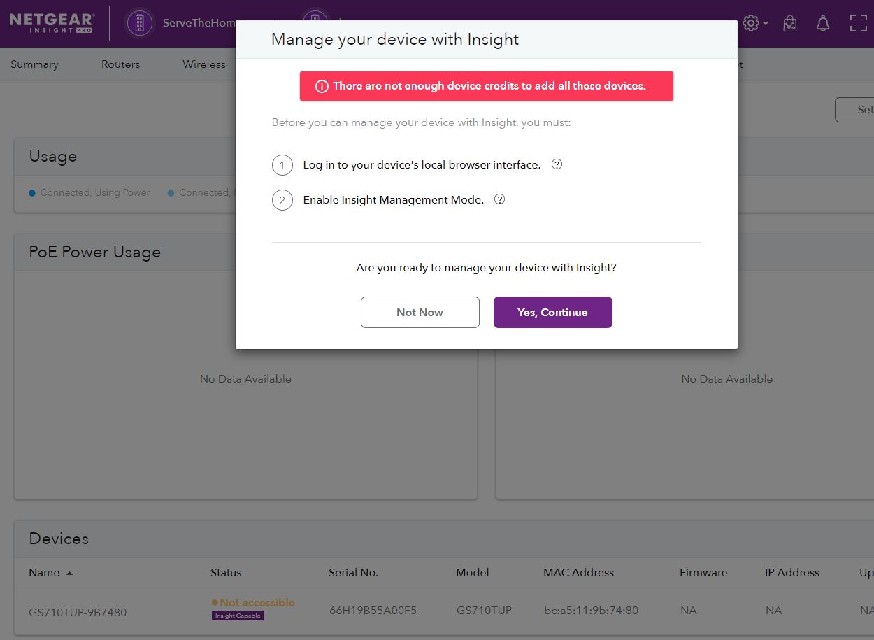 Netgear GS710TUP Insight Capable Not Enough Device Credits