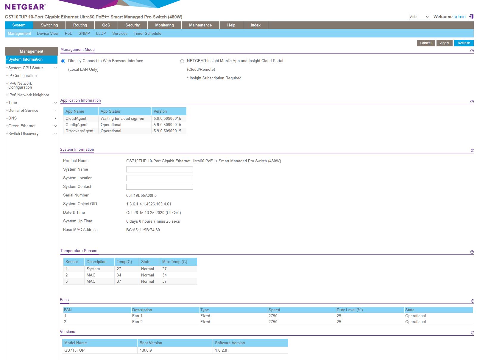 Netgear GS710TUP Insight Management Registered LAN Dashboard