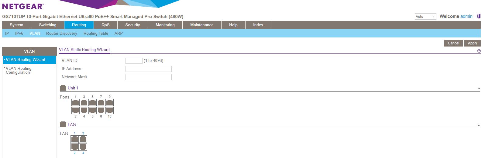 Netgear GS710TUP Insight Management Registered Routing VLAN Configuration