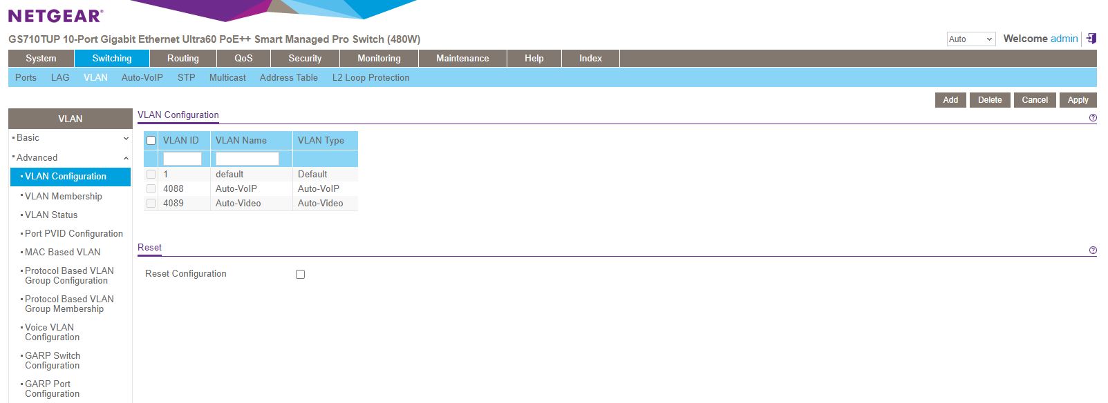 Netgear GS710TUP Insight Management Registered VLAN Configuration