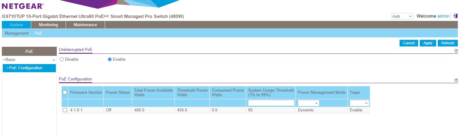 Netgear WebGUI Uninteruppted PoE