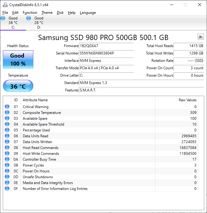 Samsung 980 Pro 500GB DiskInfo