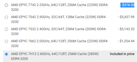 AMD EPYC 7H12 VEPYC 7742 Price Delta