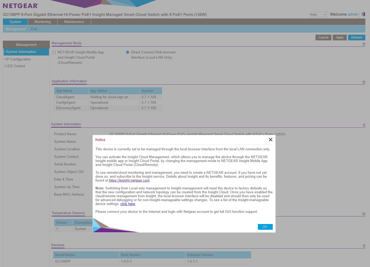 Netgear GC108PP Initial Login Local Local Managed