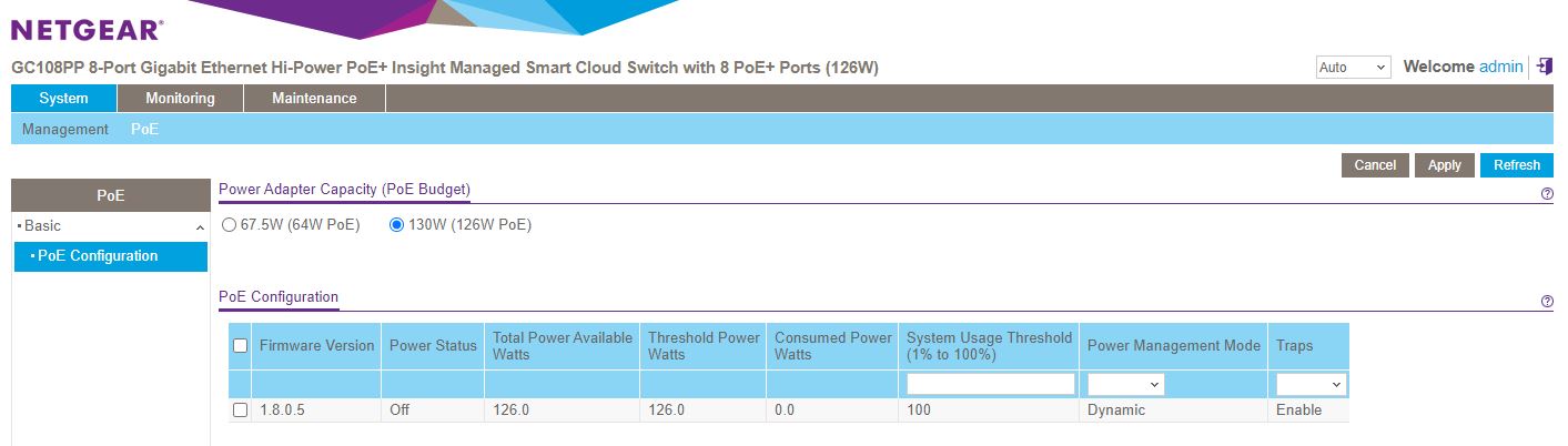 Netgear GC108PP Initial Login Local PoE Budget