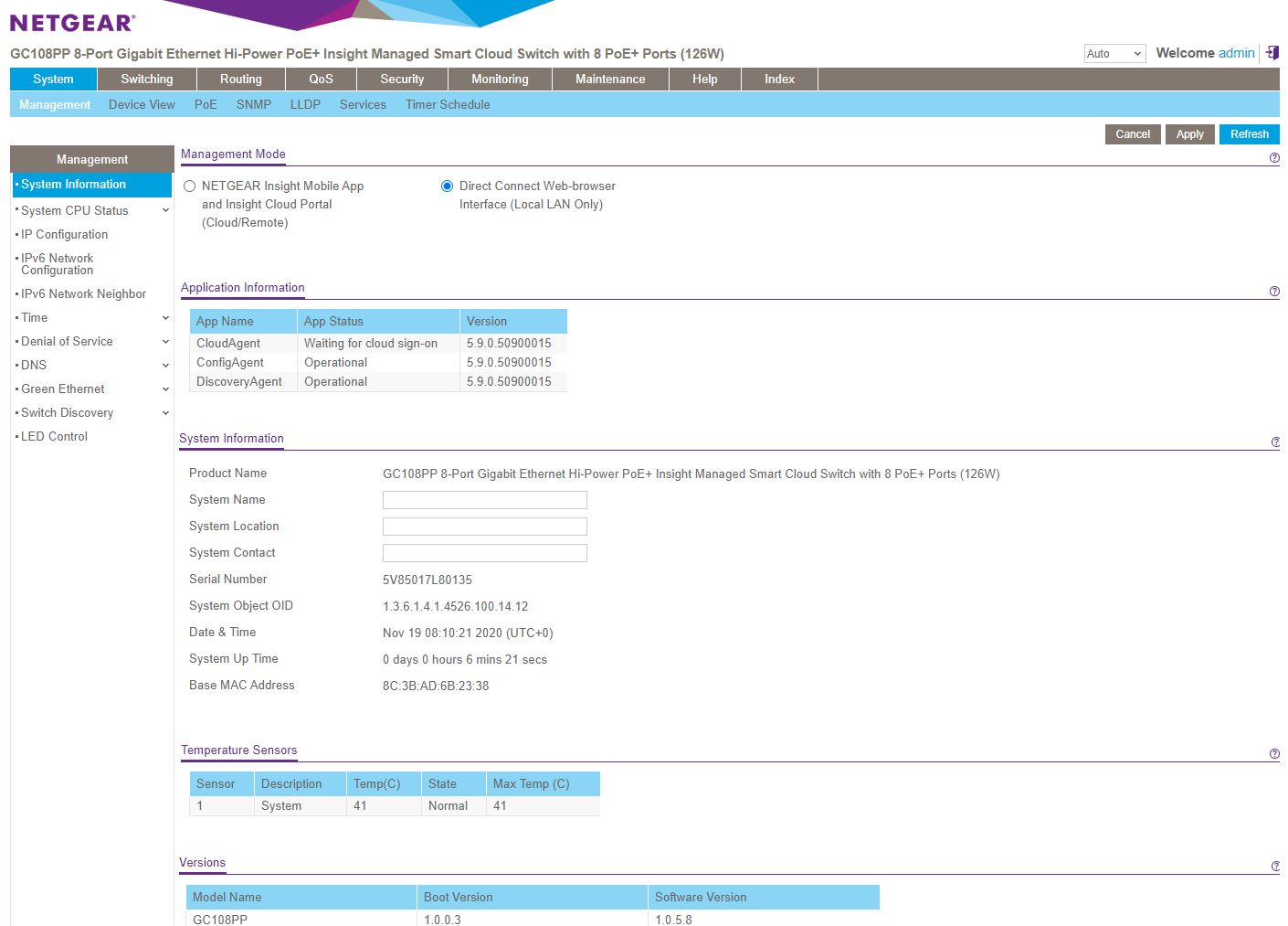 Netgear GC108PP Local Login After Insight Reg Key