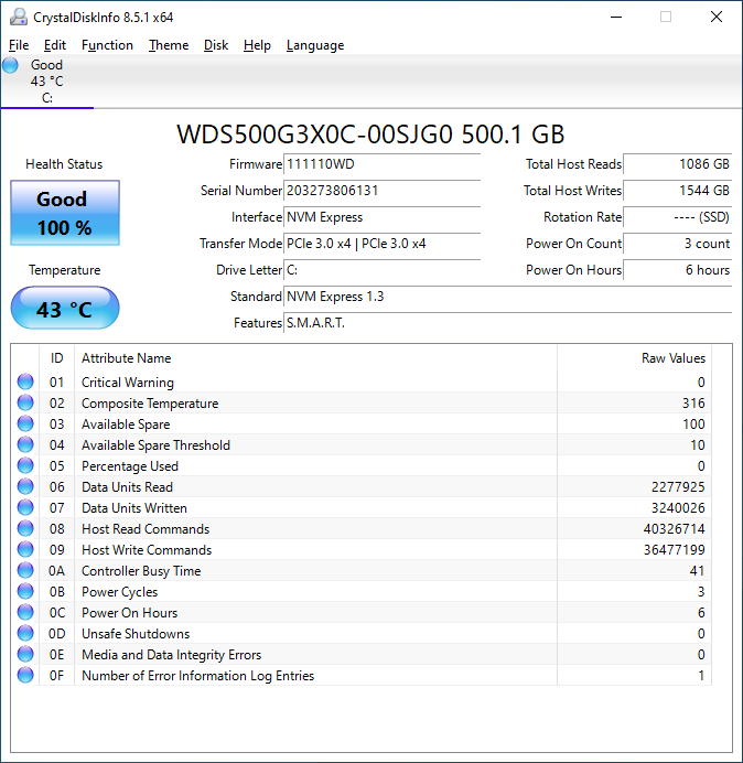 WD Black SN750 500GB CrystalDiskInfo