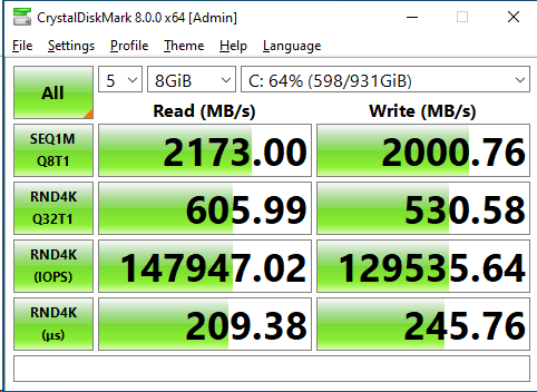 Intel 665p 1TB CrystalDiskMark 8GB
