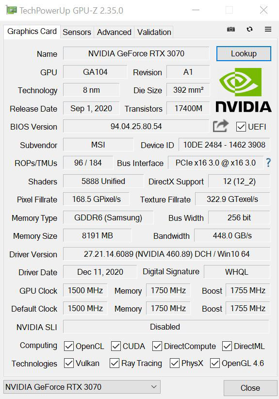 MSI RTX 3070 Ventus 3x OC GPUz