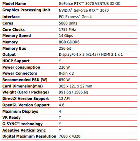 MSI RTX 3070 Ventus 3x OC Specifications