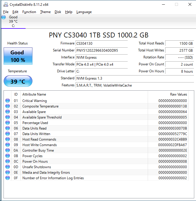 PNY CS3040 1TB CrystalDiskInfo