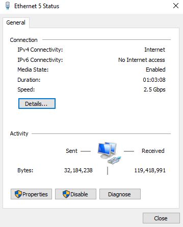 Sabrent USB To 2.5GbE NIC In Windows 2.5GbE Status