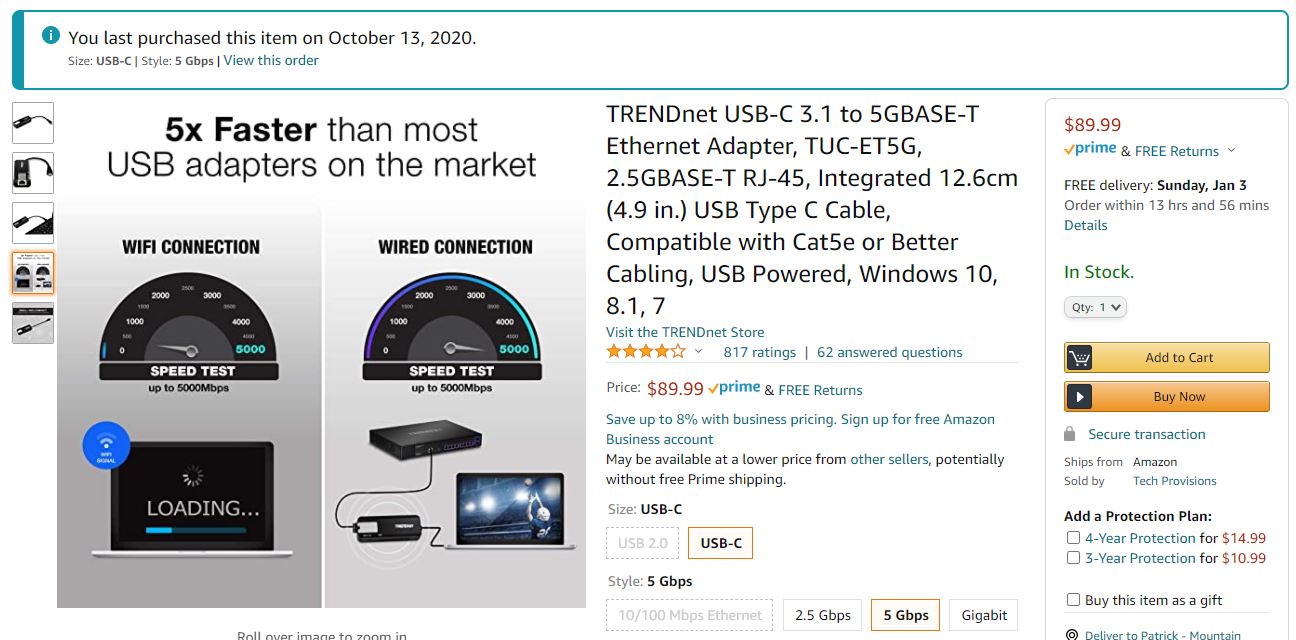 TRENDnet 5GbE Adapter On Amazon