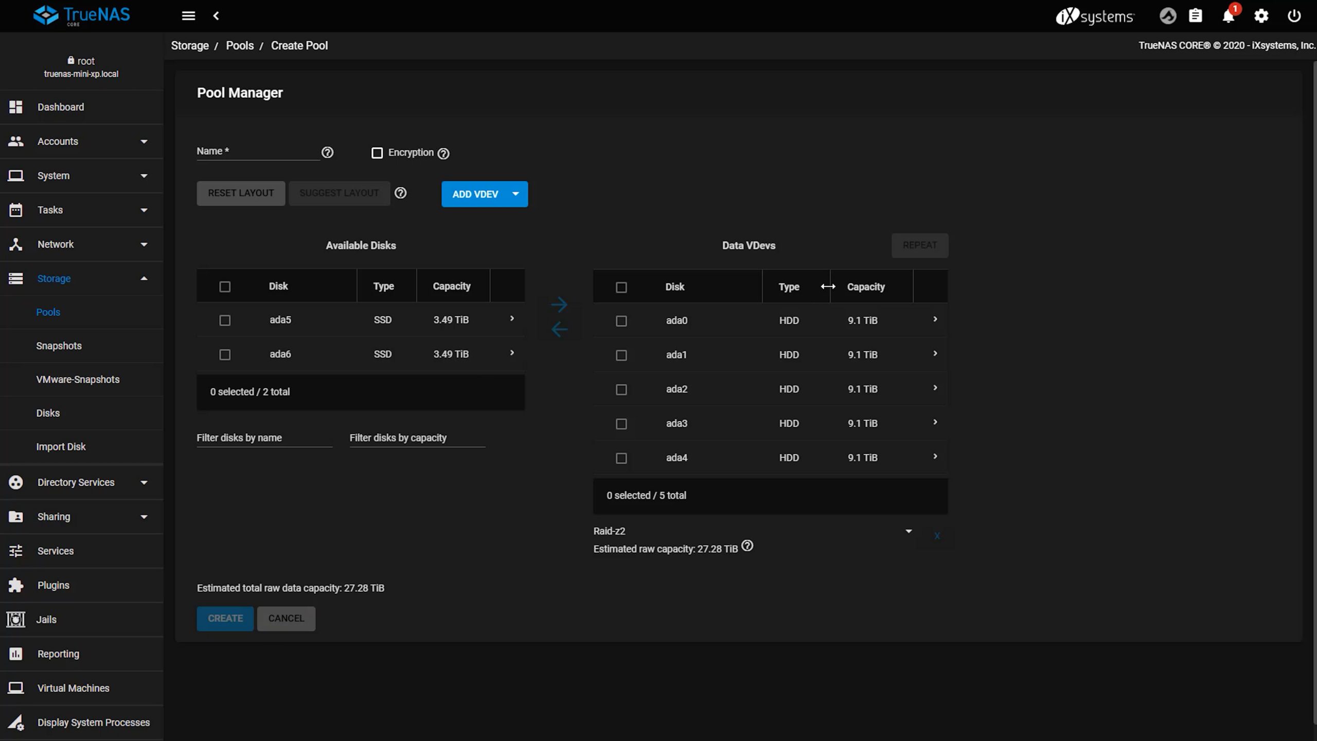 TrueNAS Core 12 Create Pool With Suggest Layout