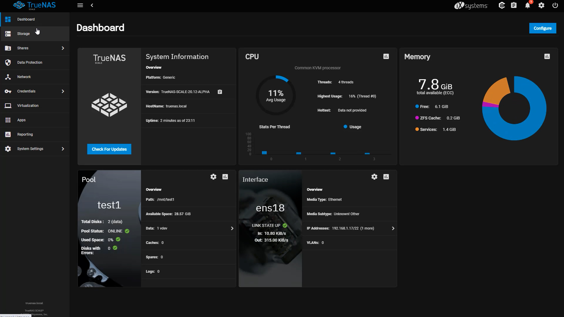 TrueNAS Scale Dashboard