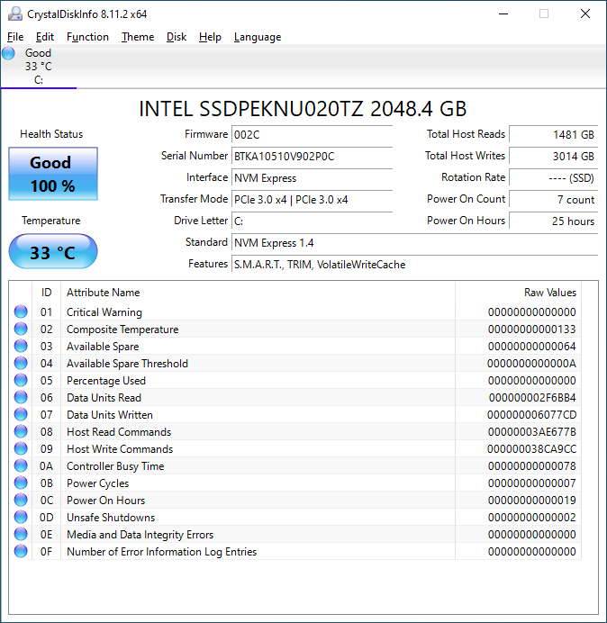 Intel 670p 2TB CrystalDiskInfo