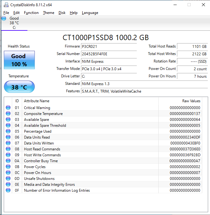 Crucial P1 1TB CrystalDiskInfo