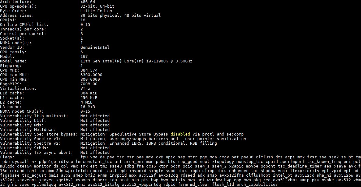 Intel Core I9 11900K Lscpu Output