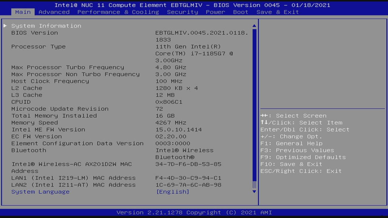 Intel NUC 11 Compute Element BIOS