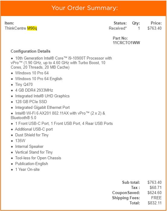 Lenovo M90q Order Total