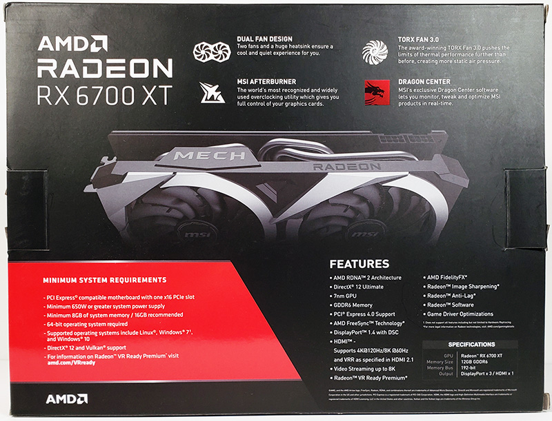 MSI Radeon RX 6700 XT MECH 2X 12G OC Retail Box Back