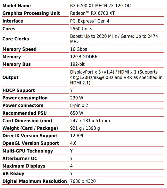 MSI Radeon RX 6700 XT MECH 2X 12G OC Specifications