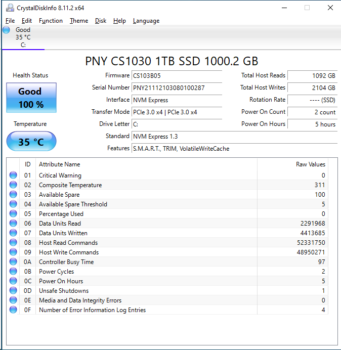 PNY CS1030 1TB CrystalDiskInfo
