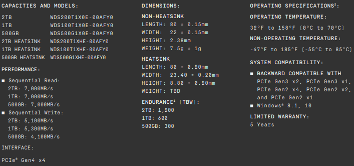 WD Black SN850 1TB Specs