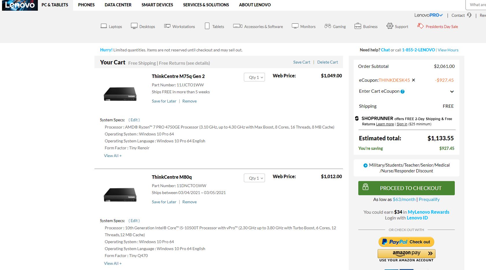 Lenovo ThinkCentre M80q V M75q 2 Pricing At Order