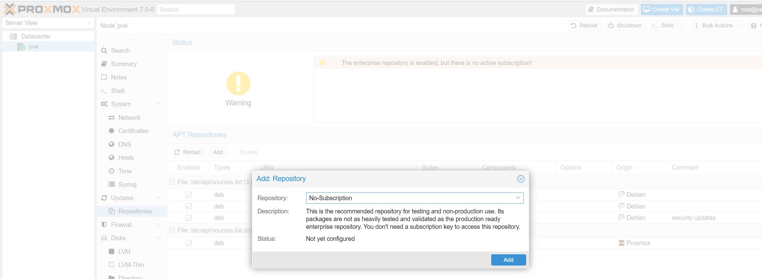 Install Proxmox VE 7 Initial Installation Add No Subscription Repository