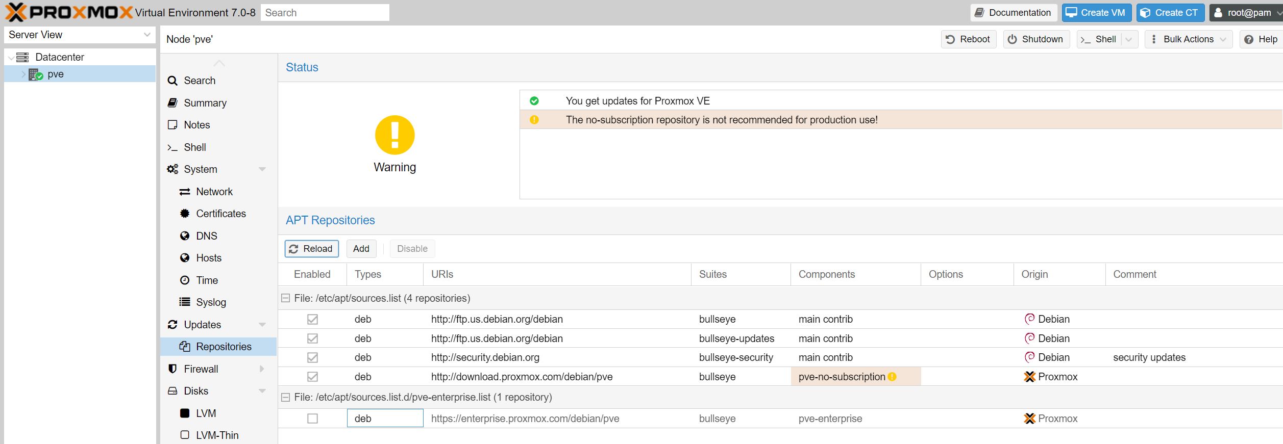 Install Proxmox VE 7 Initial Installation Disable Enterprise Repository